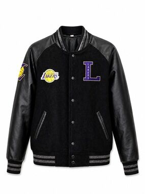 Los Angeles Lakers Varsity Jacket Mens Large Black Faux Leather Sleeves NBA Fan